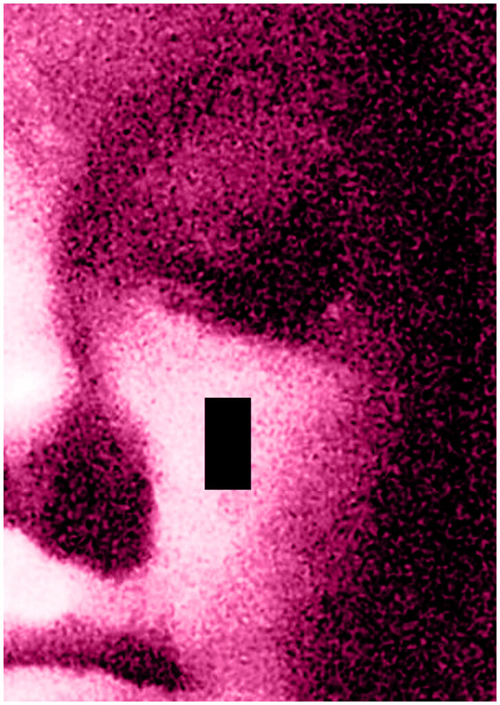 Hot pink tint on A2 portrait sized black and white image of a pixelated close up a half of a woman’s face with lowered eyes. A black rectangle from another image is superimposed below her eye as if a tear.