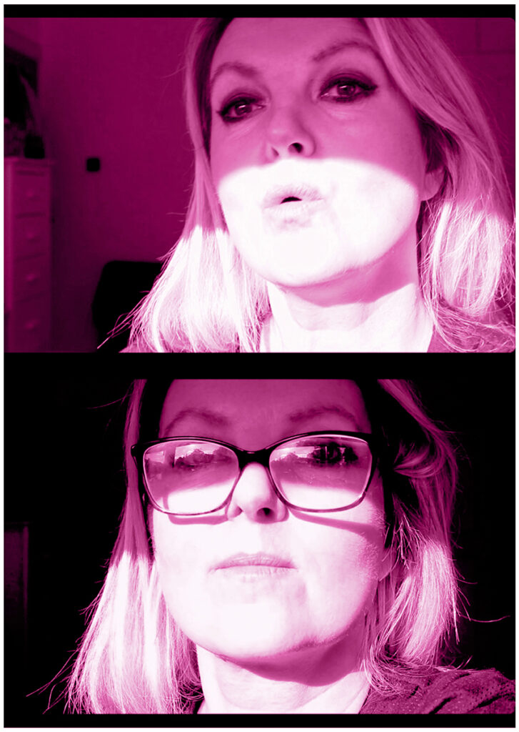 Hot pink tint on A2 portrait sized black and white image of two photos of the same woman’s face presented one beneath the other. On the top image, the woman wears black eye liner and pouts, blonde hair frames her face. On the lower image, the woman wears reading glasses and faces the camera with a blank expression.